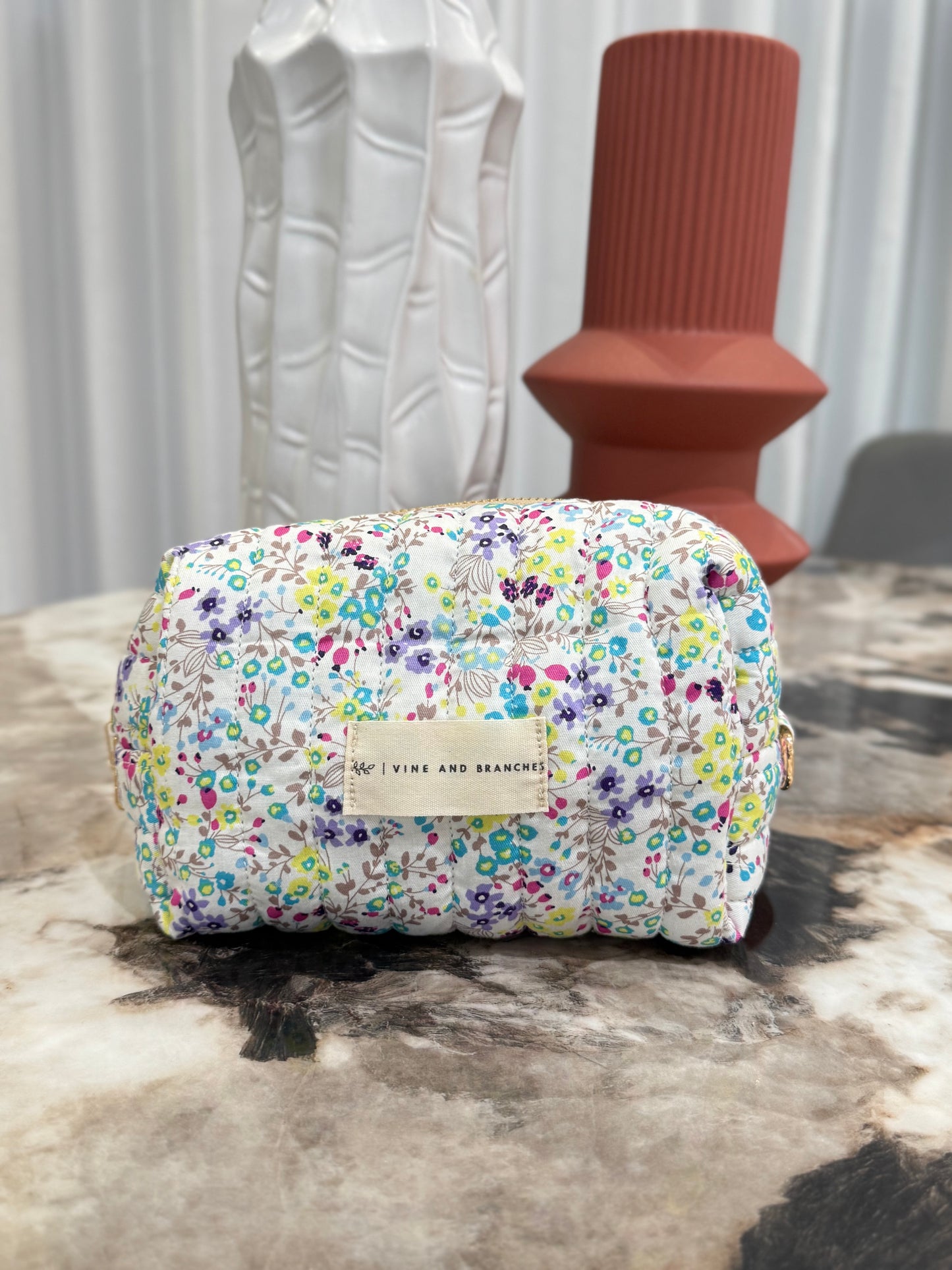 Quilted Japanese Cotton Pouch - White Dainty Floral