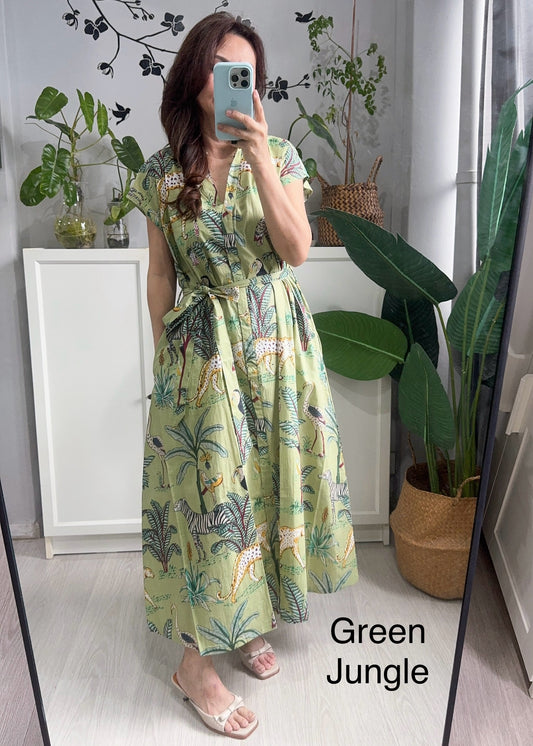 Kiara Cotton Dress | Green Assorted Prints
