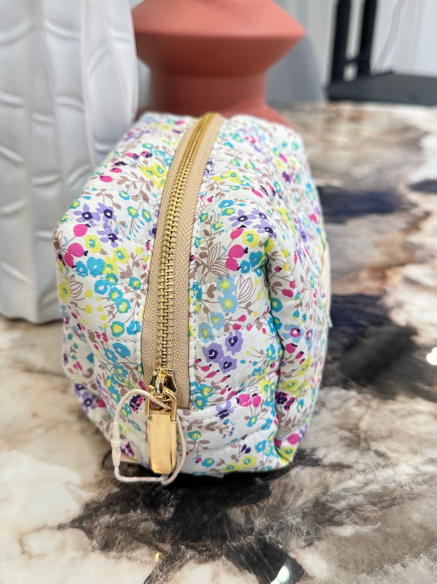 Quilted Japanese Cotton Pouch - White Dainty Floral