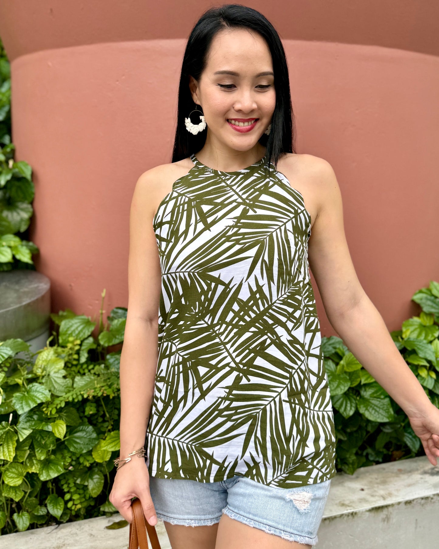 Jolie Scallop Halter Top - Olive Palm