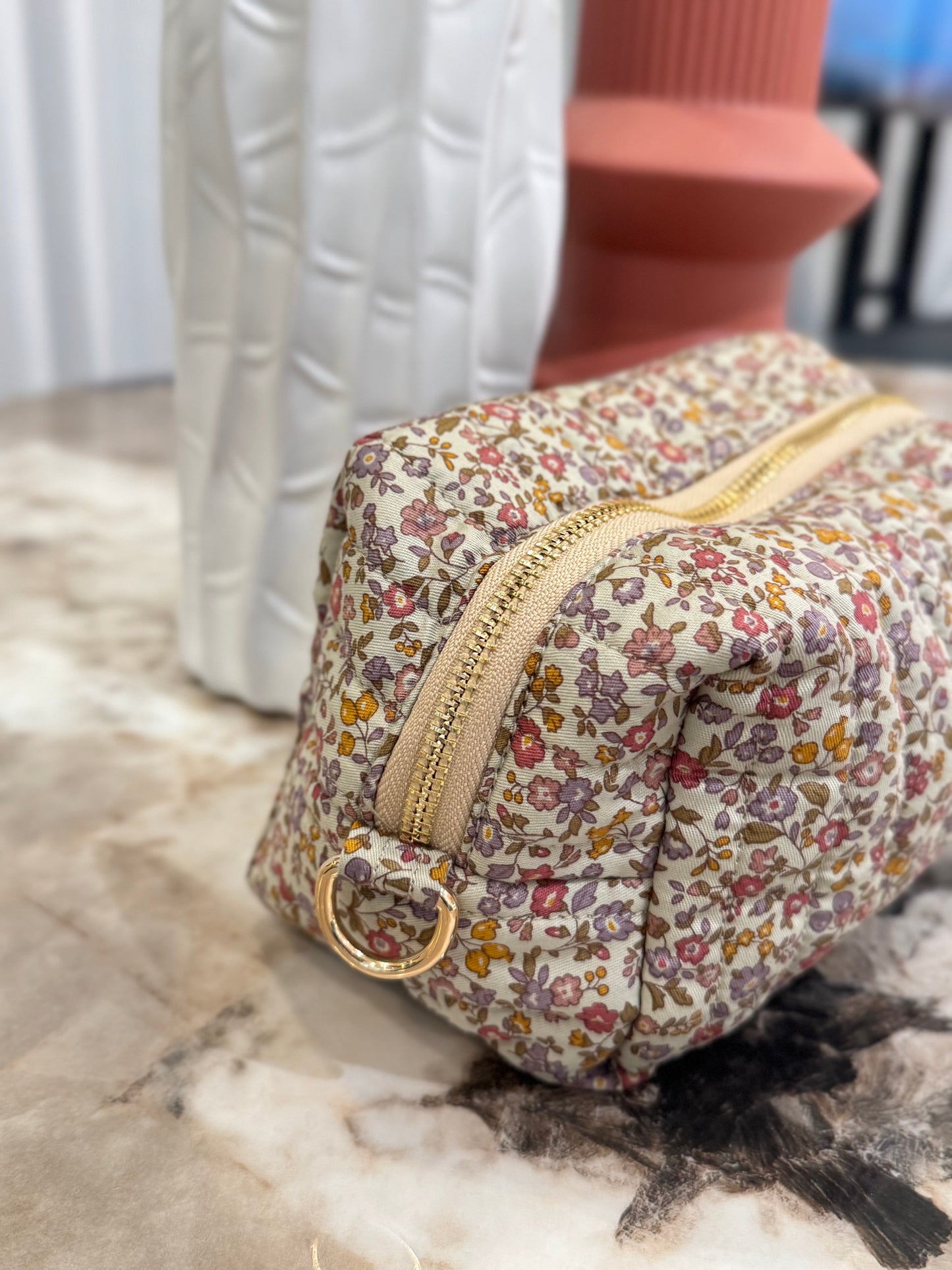 Quilted Japanese Cotton Pouch - Beige Dainty Floral