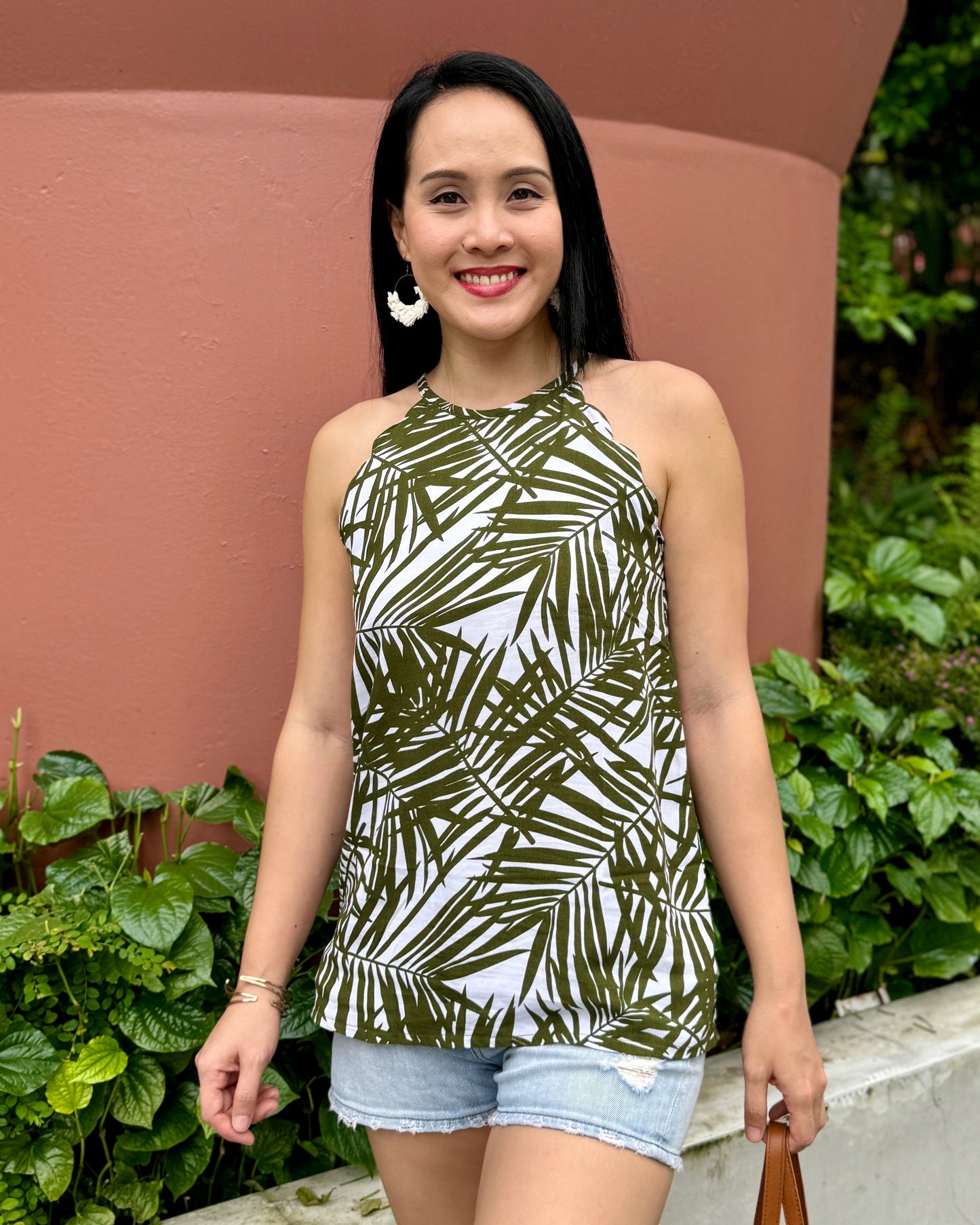 Jolie Scallop Halter Top - Olive Palm