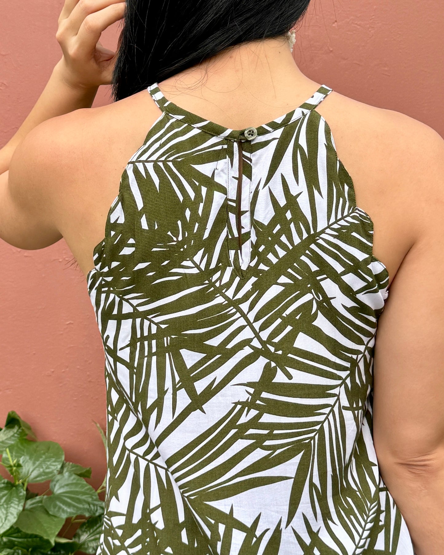 Jolie Scallop Halter Top - Olive Palm