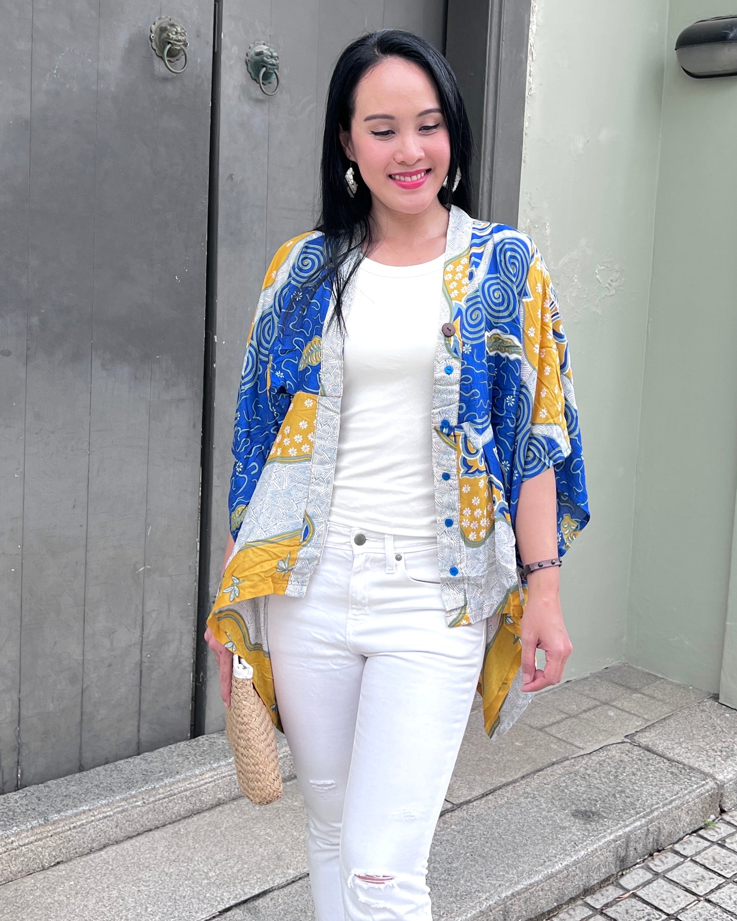 Cotton Batik Kimono- Cobalt Yellow Batik