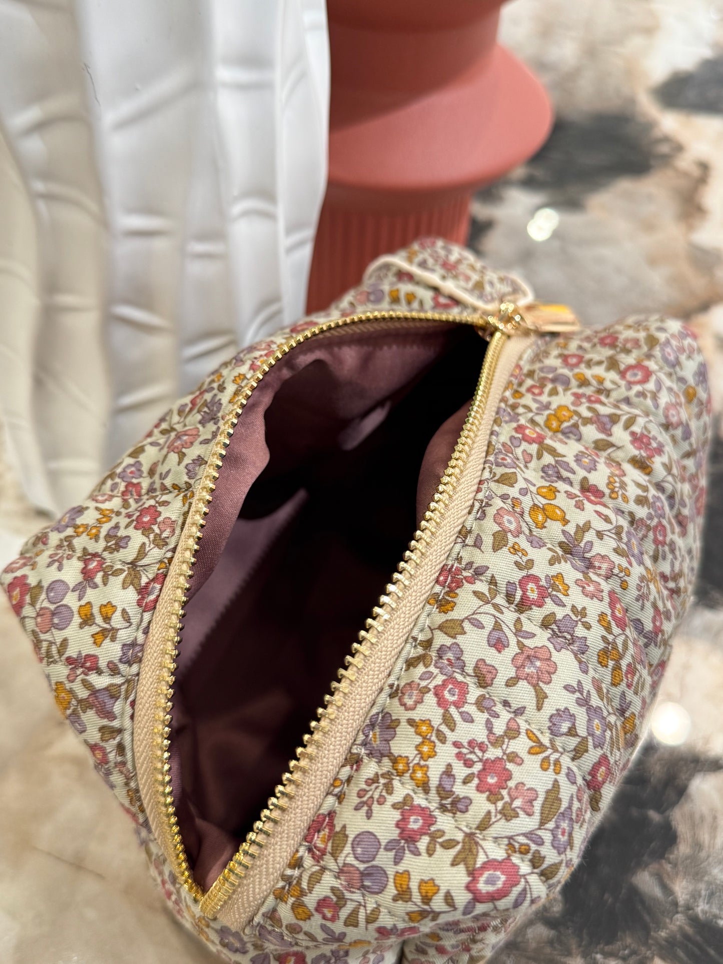 Quilted Japanese Cotton Pouch - Beige Dainty Floral