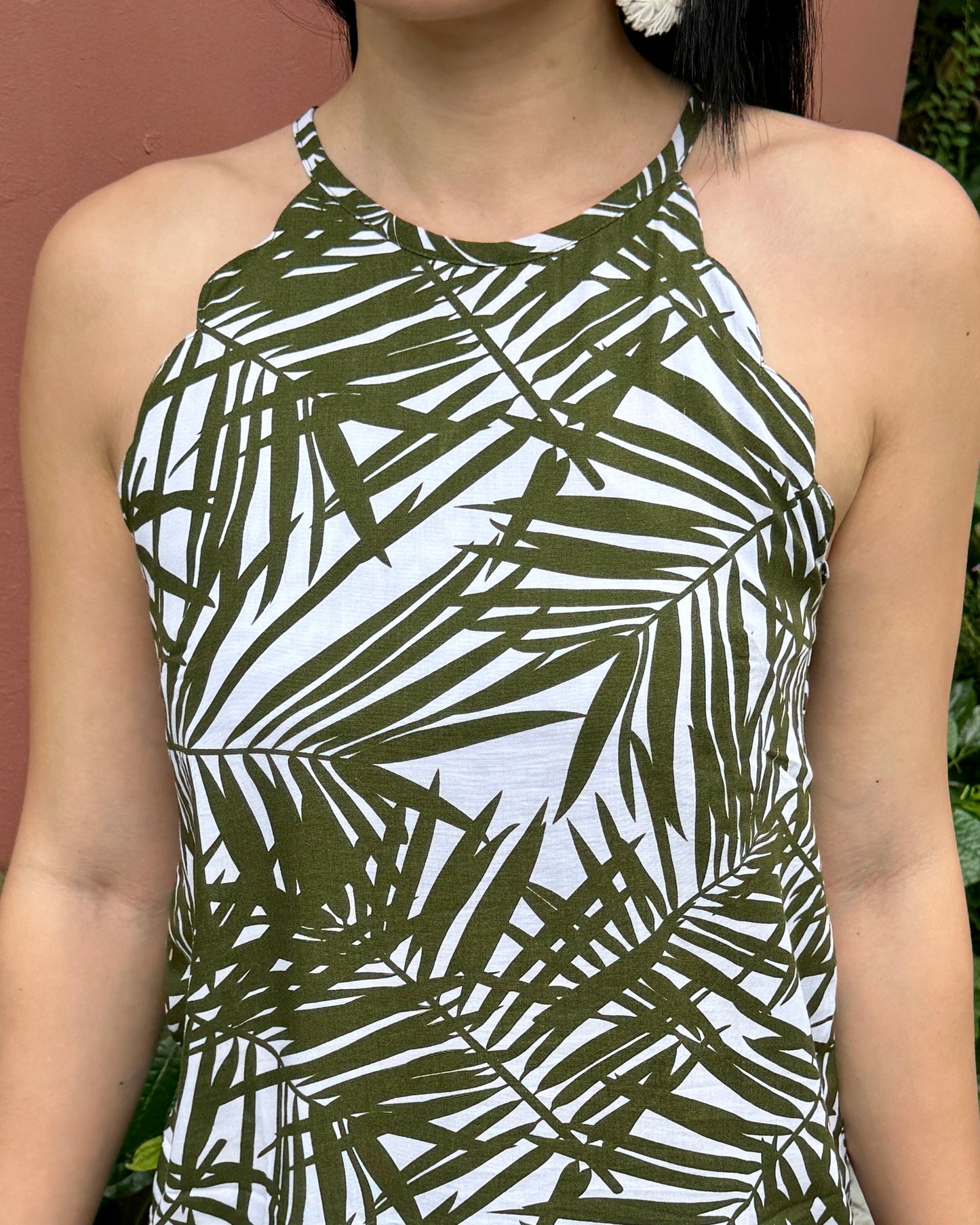 Jolie Scallop Halter Top - Olive Palm