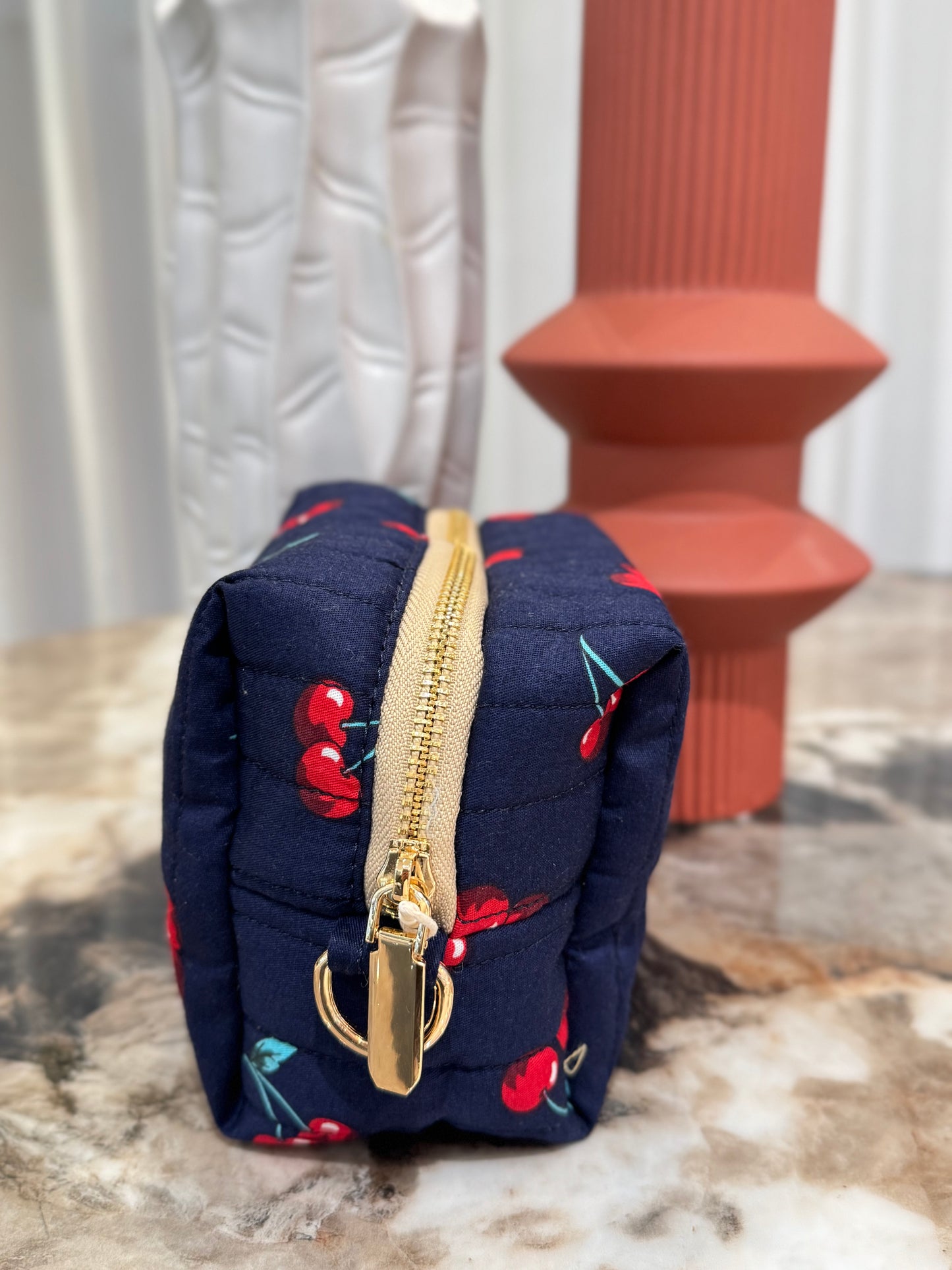 Quilted Japanese Cotton Pouch - Navy Cherry