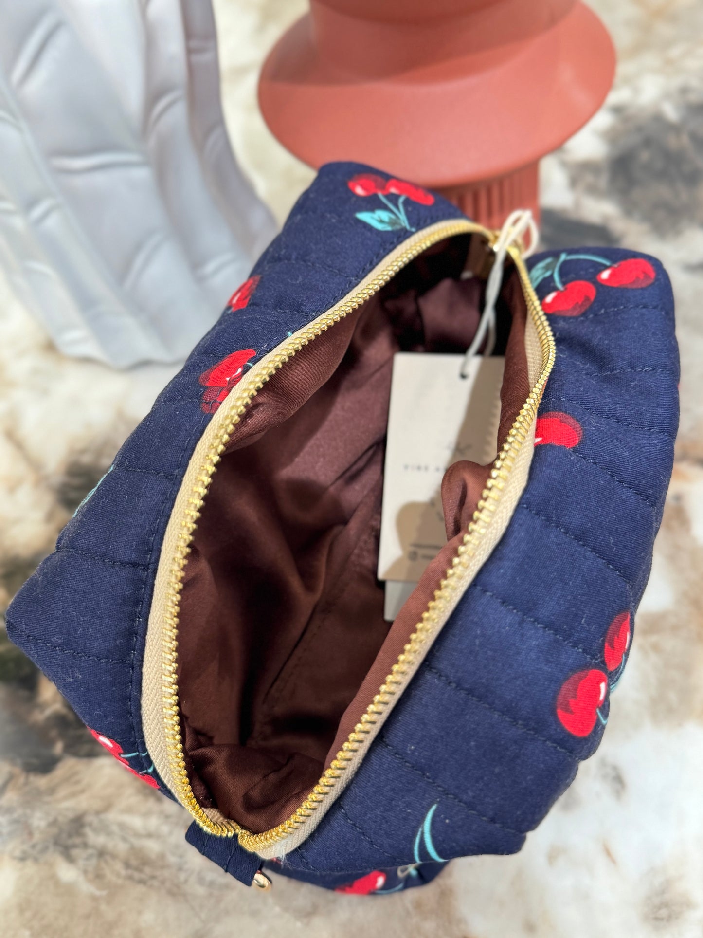 Quilted Japanese Cotton Pouch - Navy Cherry