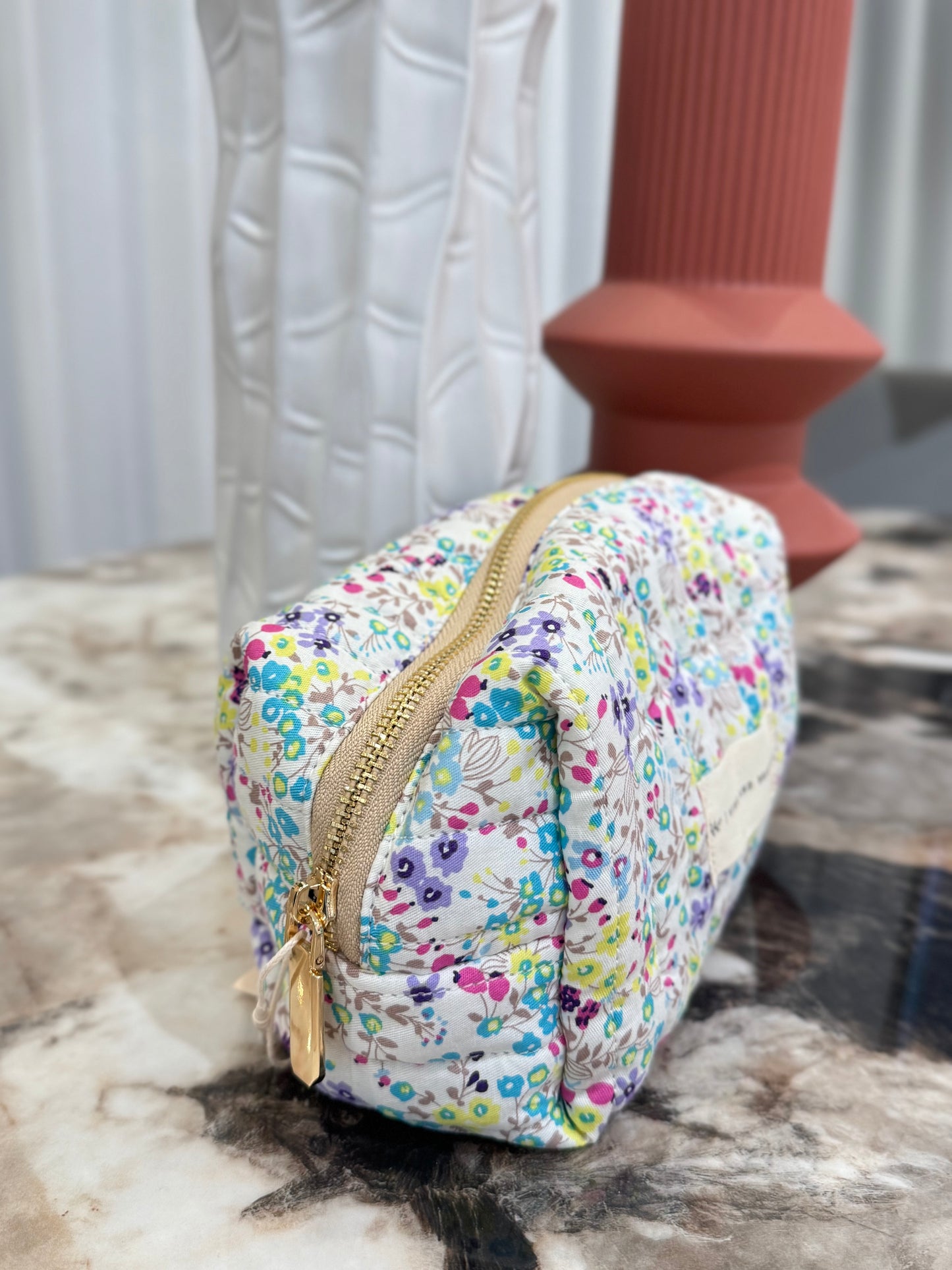 Quilted Japanese Cotton Pouch - White Dainty Floral