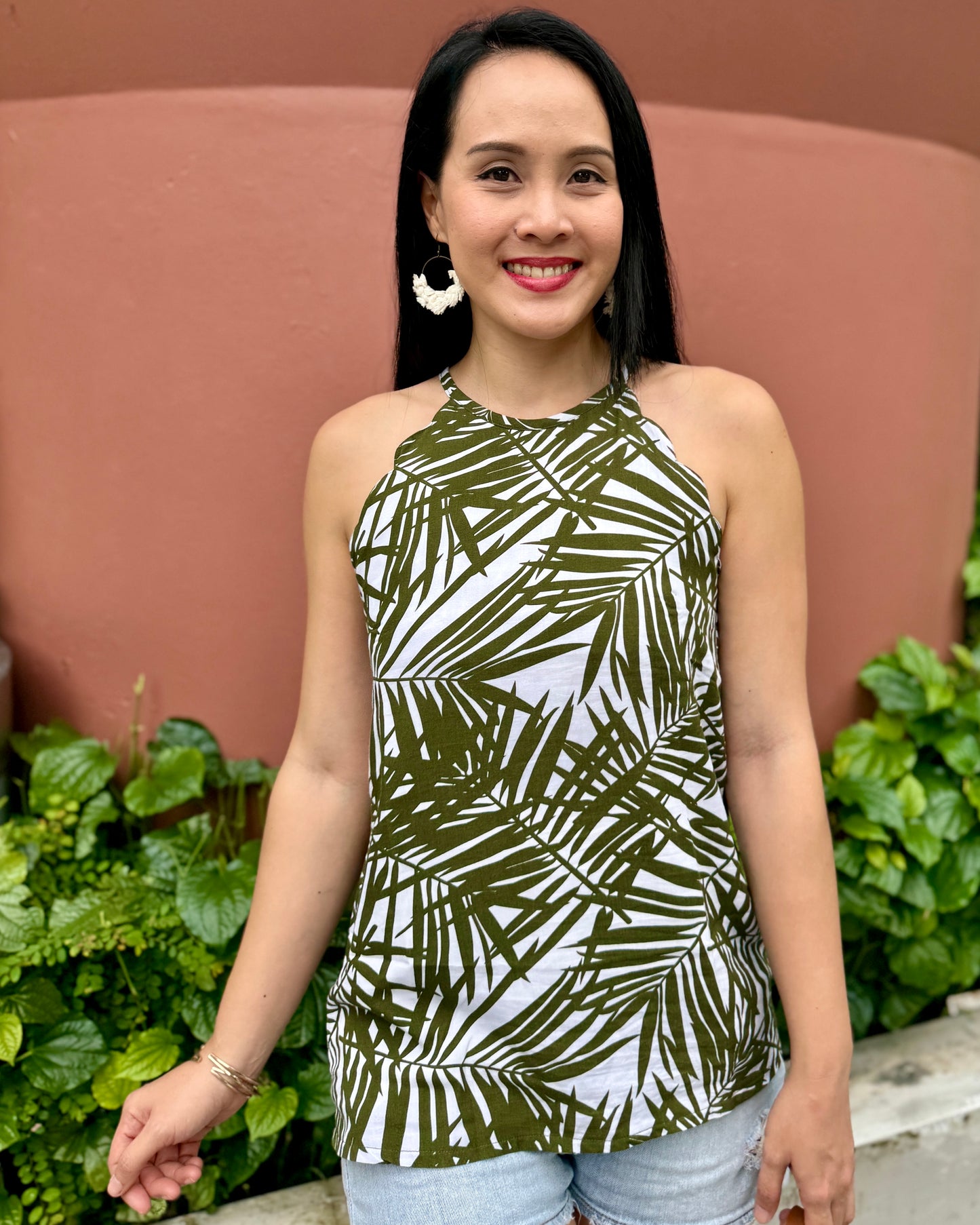 Jolie Scallop Halter Top - Olive Palm