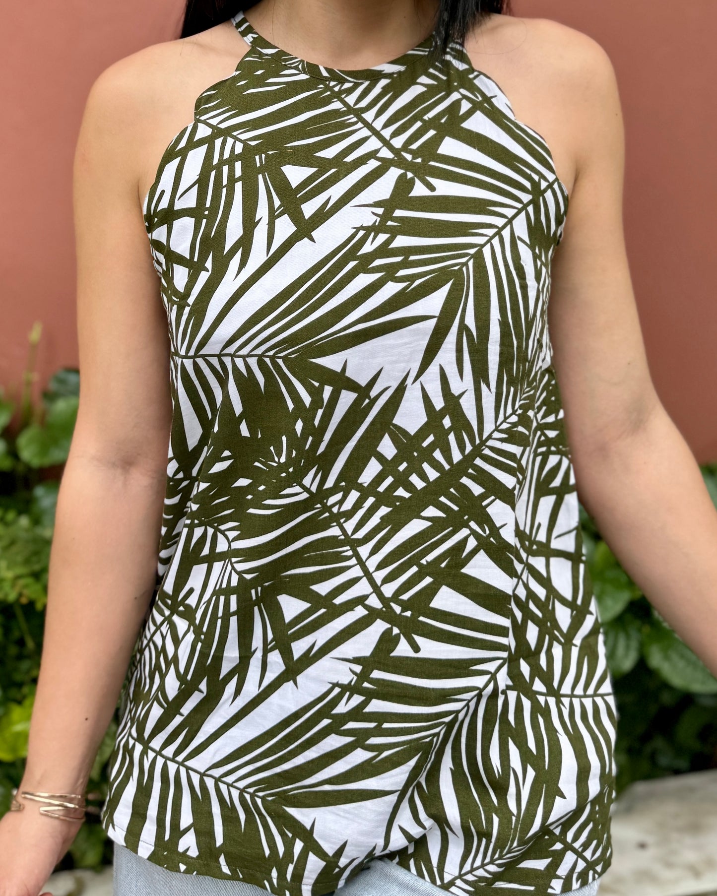 Jolie Scallop Halter Top - Olive Palm
