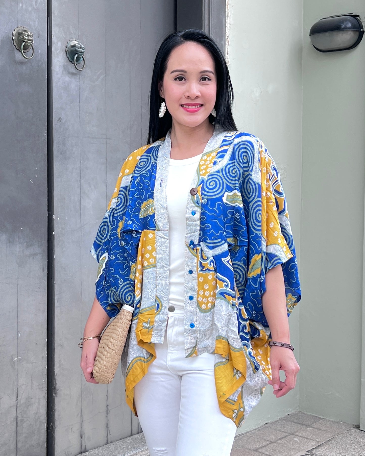 Cotton Batik Kimono- Cobalt Yellow Batik