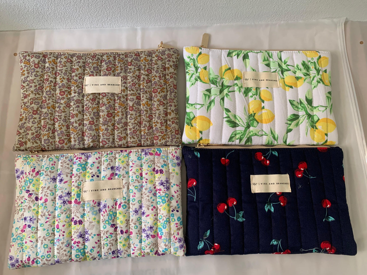 Flat Quilted Japanese Cotton Pouch - Navy Cherry