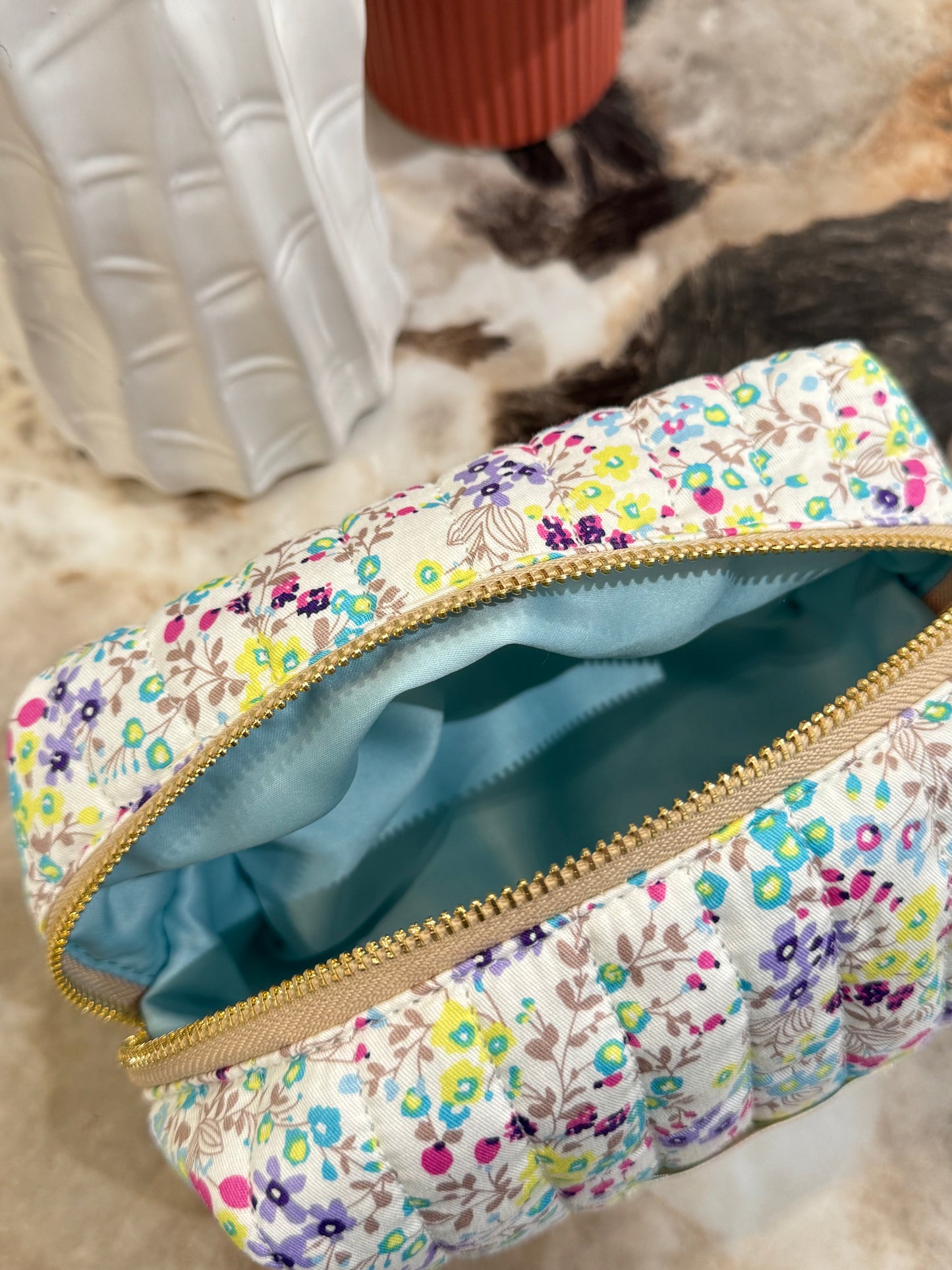 Quilted Japanese Cotton Pouch - White Dainty Floral