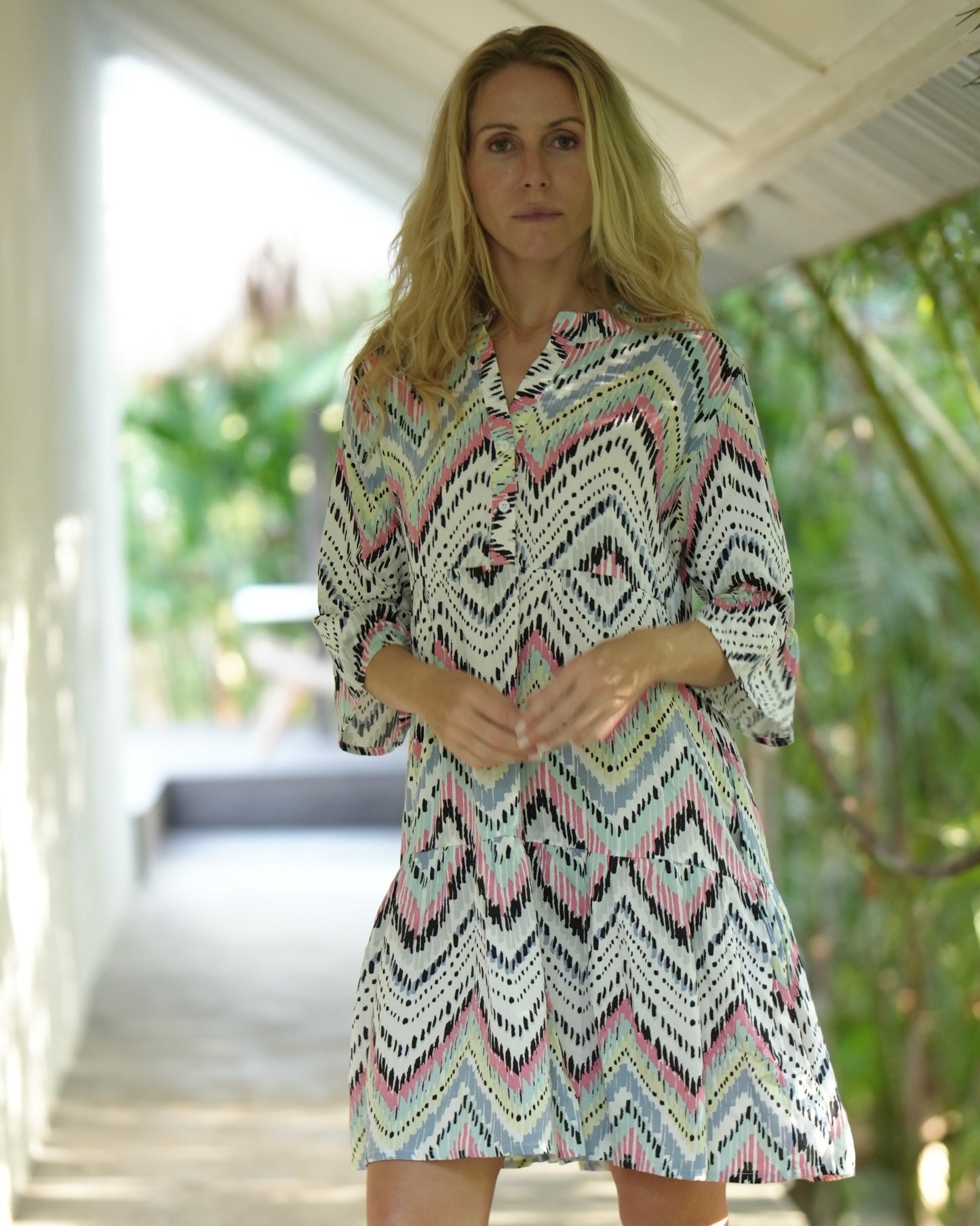 Sienna Bell Sleeve Dress -Zig Zag Pink