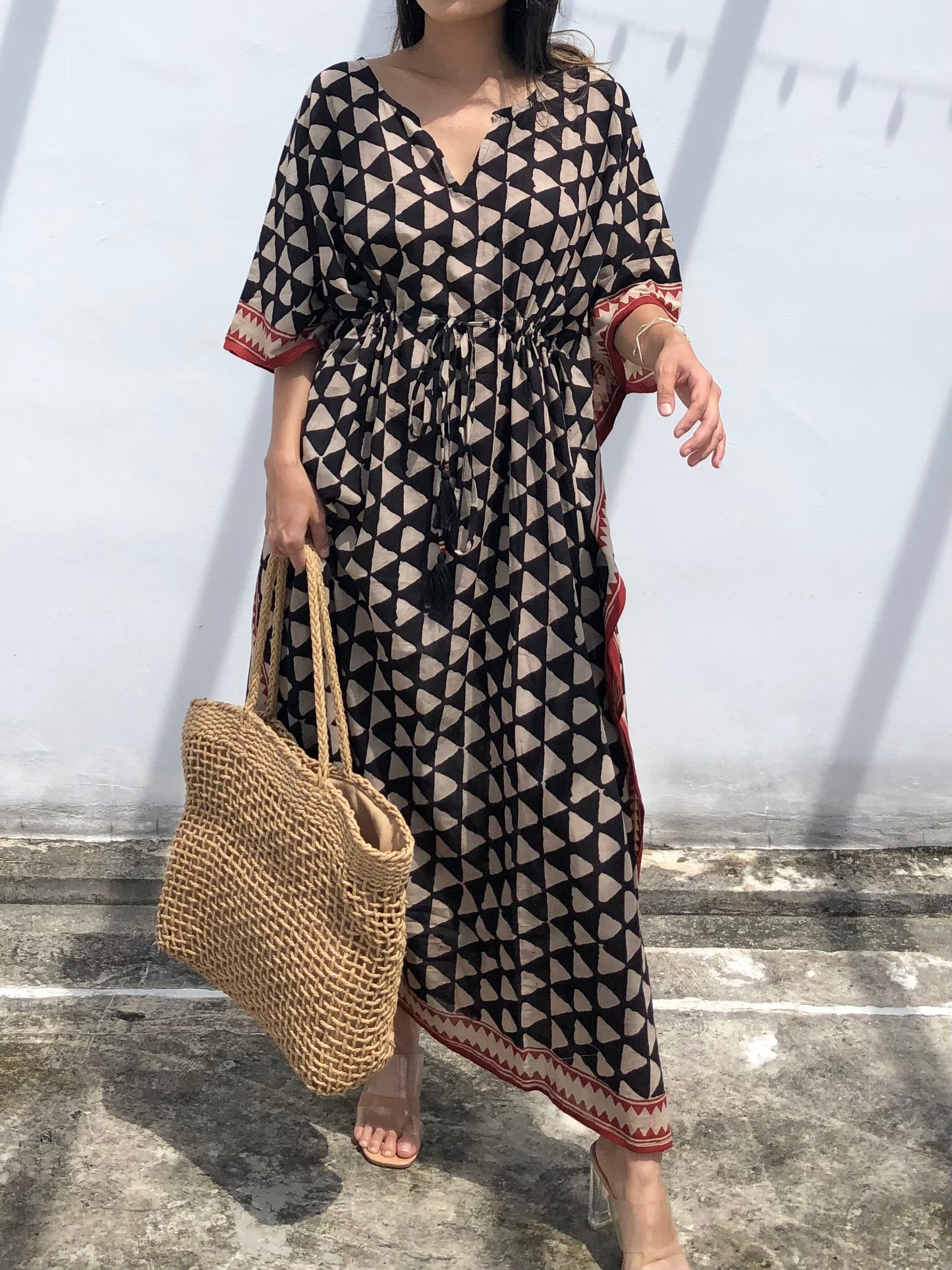 Kaftan in Cotton Block Print - Geometric Print