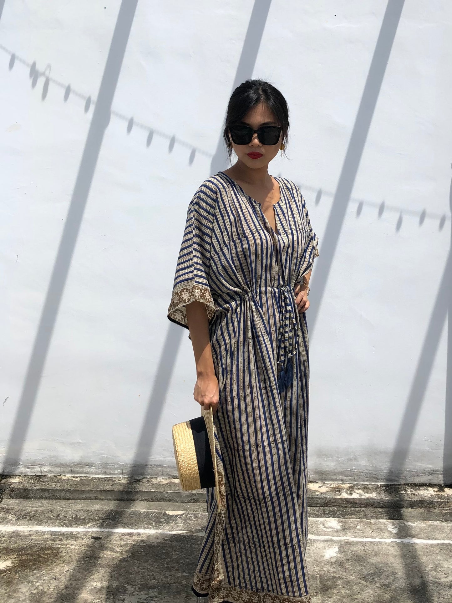 Kaftan in Cotton Block Print - Stripe Print