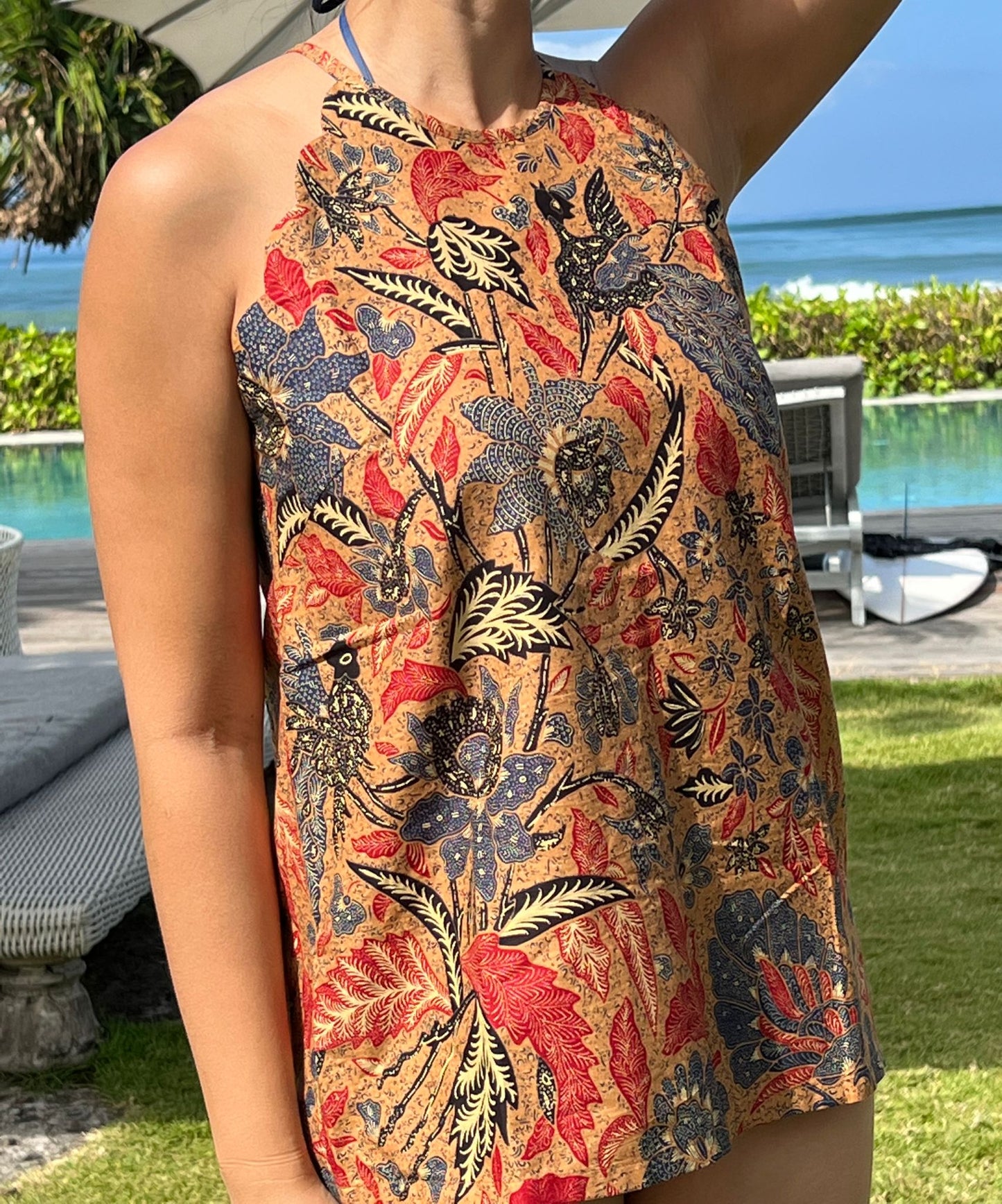 Jolie Batik Scallop Halter Top - Brown Floral