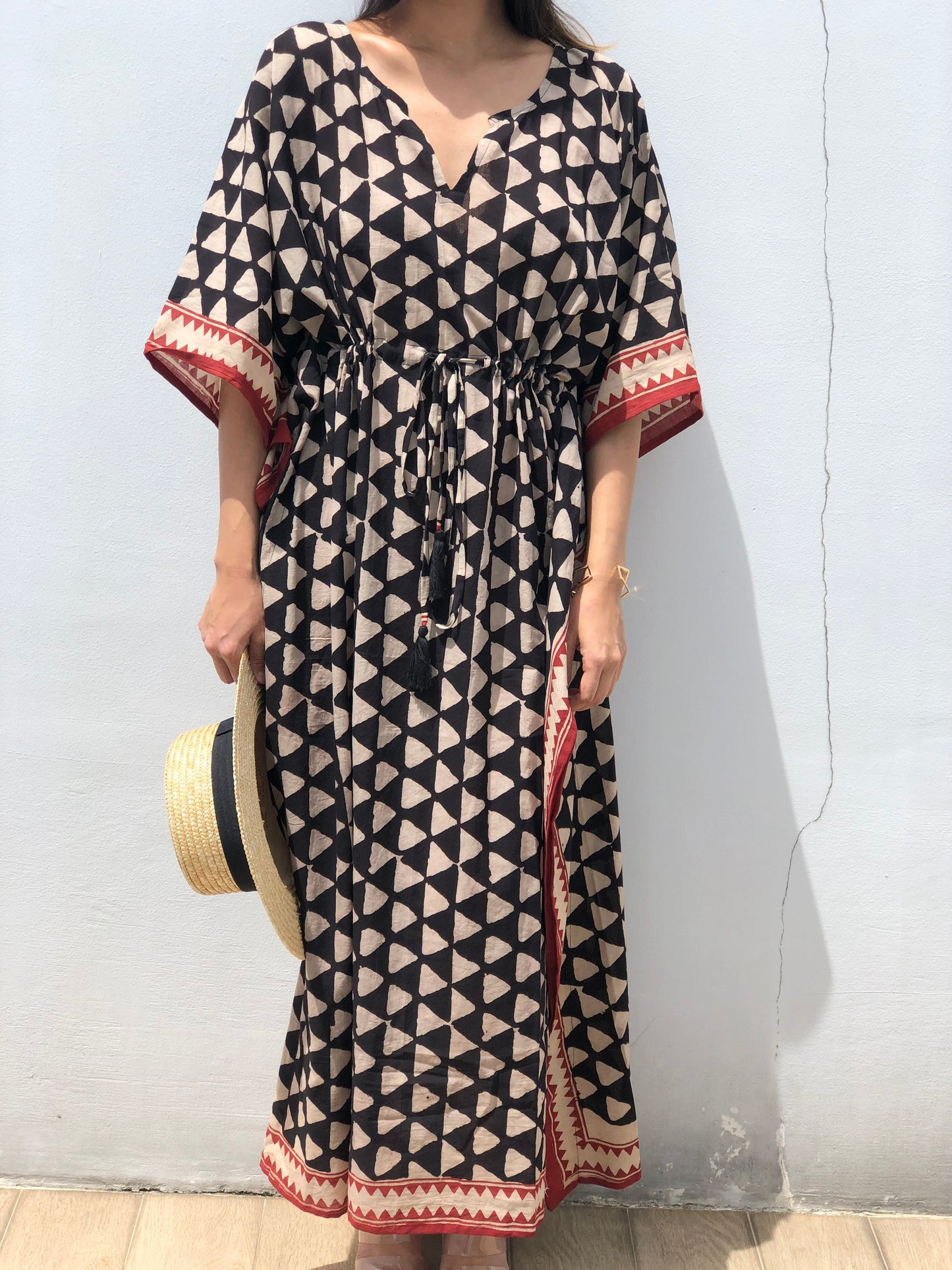 Kaftan in Cotton Block Print - Geometric Print