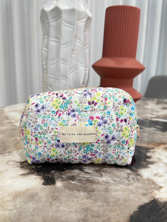 Quilted Japanese Cotton Pouch - White Dainty Floral
