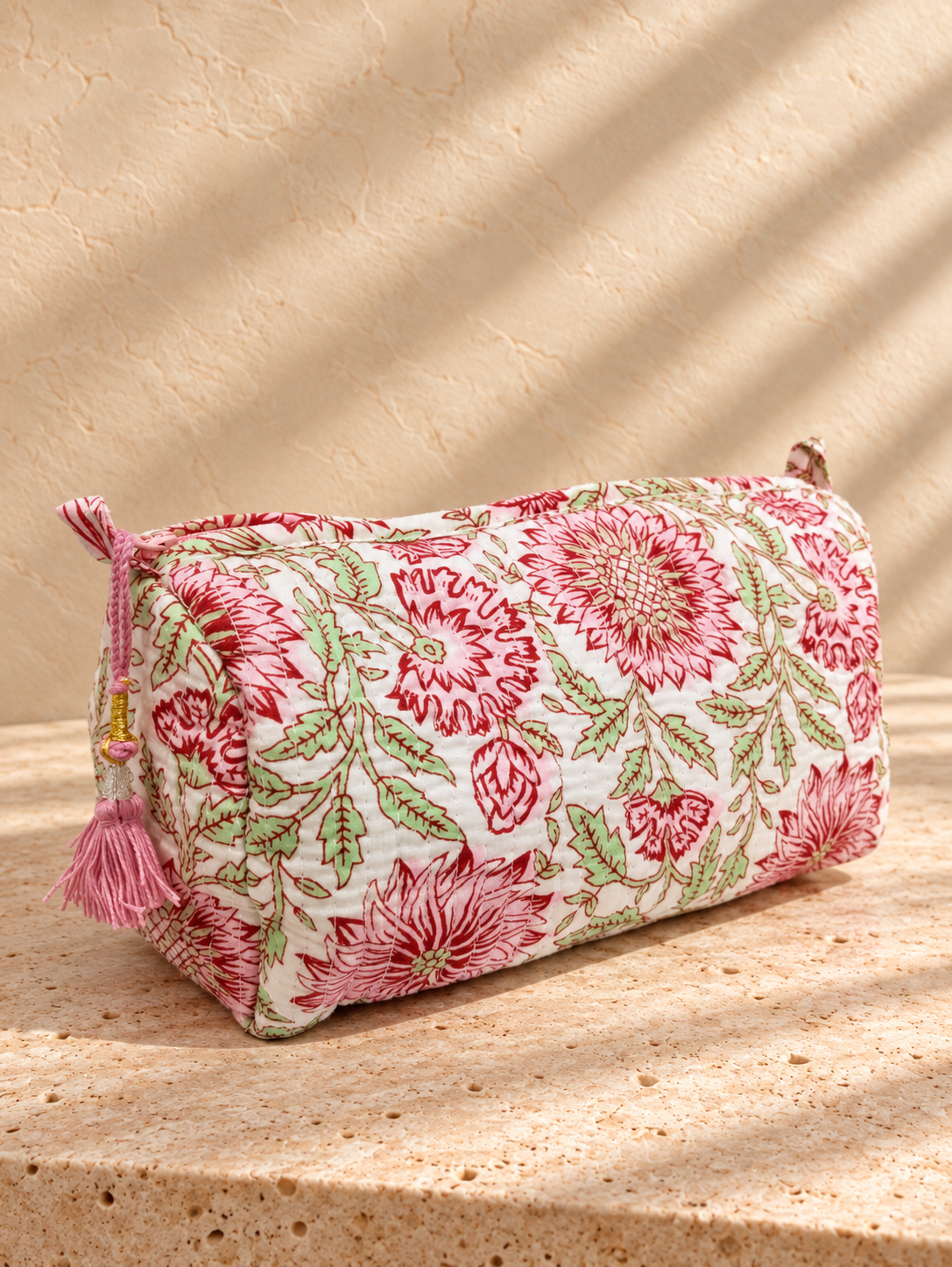 Handblock Cotton Pouch |  Pink Floral