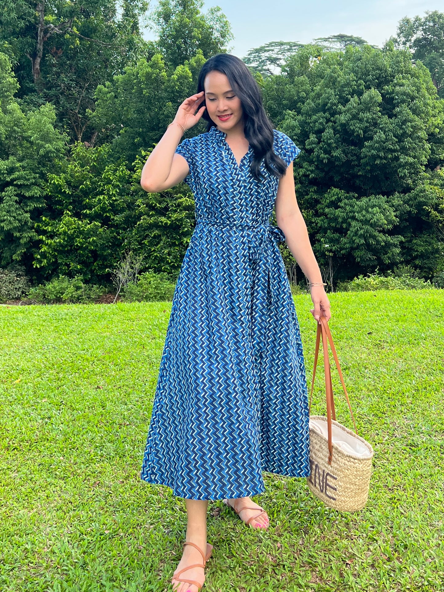 Kiara Cotton Dress - Chevron Blue