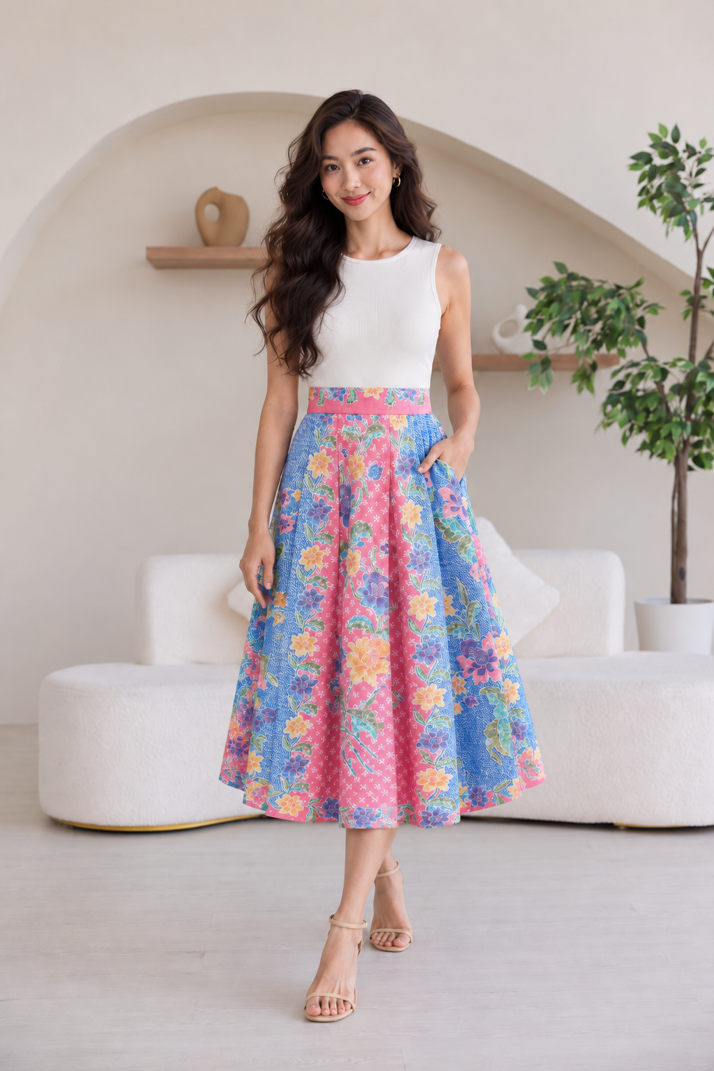 Suzie Batik A-line Skirt - Blue Pink Bloom
