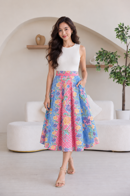 Suzie Batik A-line Skirt - Blue Pink Bloom
