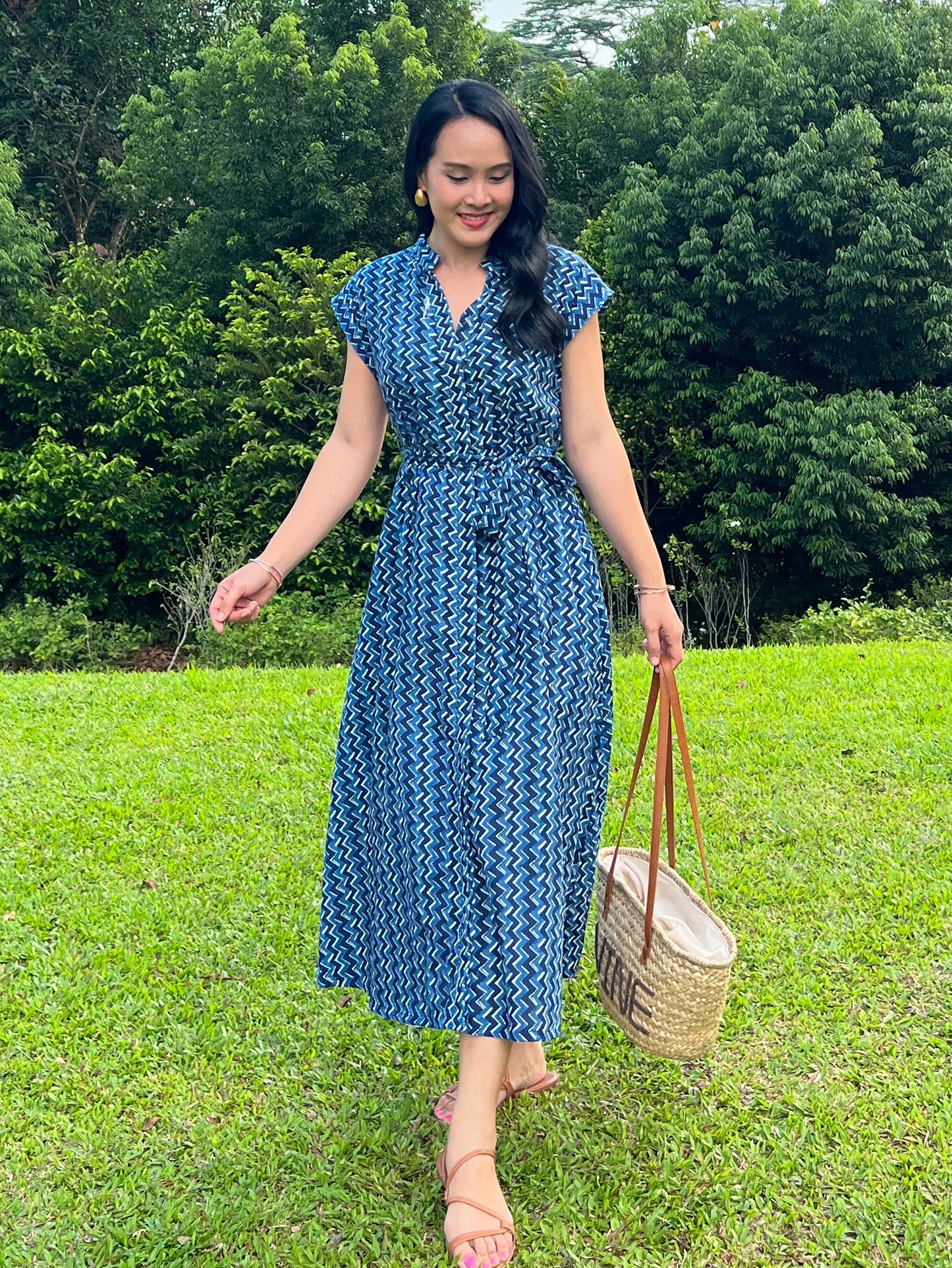 Kiara Cotton Dress - Chevron Blue