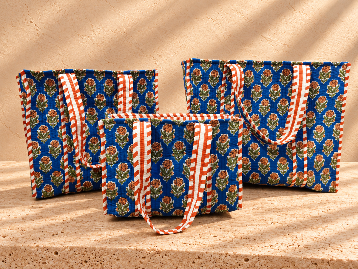 Handblock Tote Bag | Blue Garden