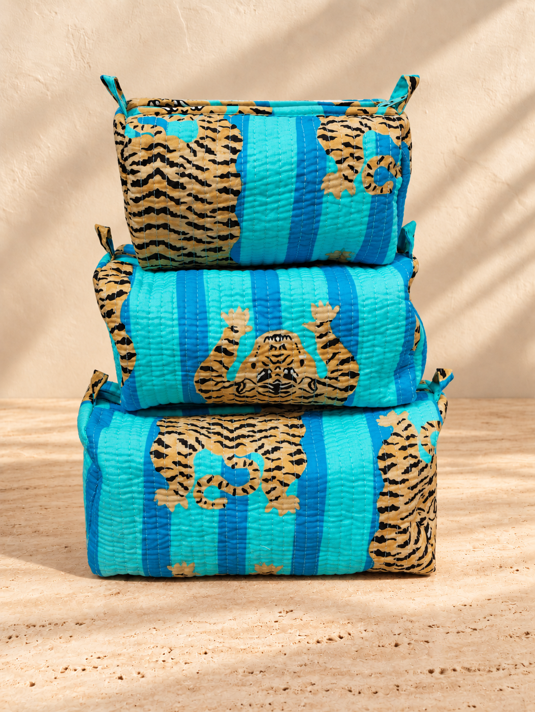 Handblock Cotton Pouch | Blue Stripe Tiger