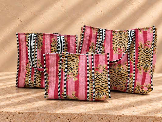 Handblock Tote Bag | Pink Tiger