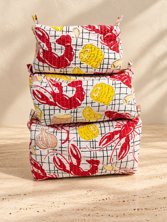 Handblock Cotton Pouch | Lobster