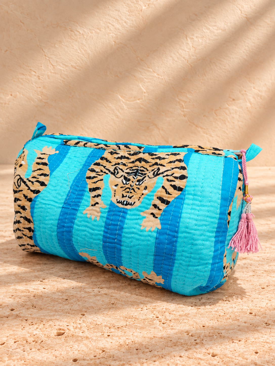 Handblock Cotton Pouch | Blue Stripe Tiger