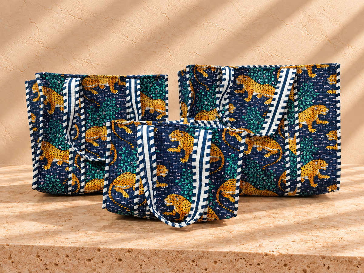 Handblock Tote Bag | Blue Leopard