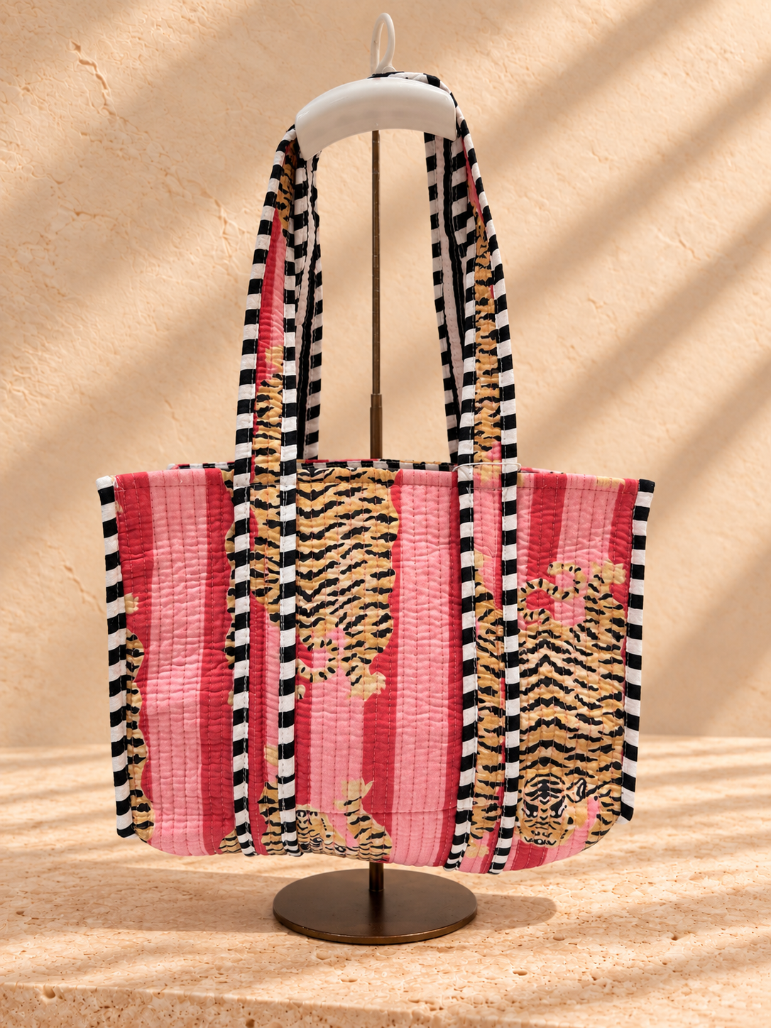 Handblock Tote Bag | Pink Tiger