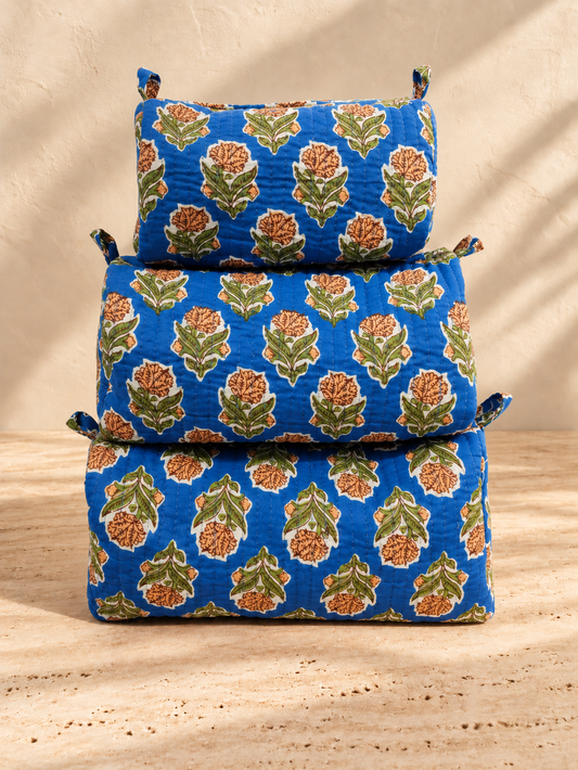 Handblock Cotton Pouch | Blue Garden