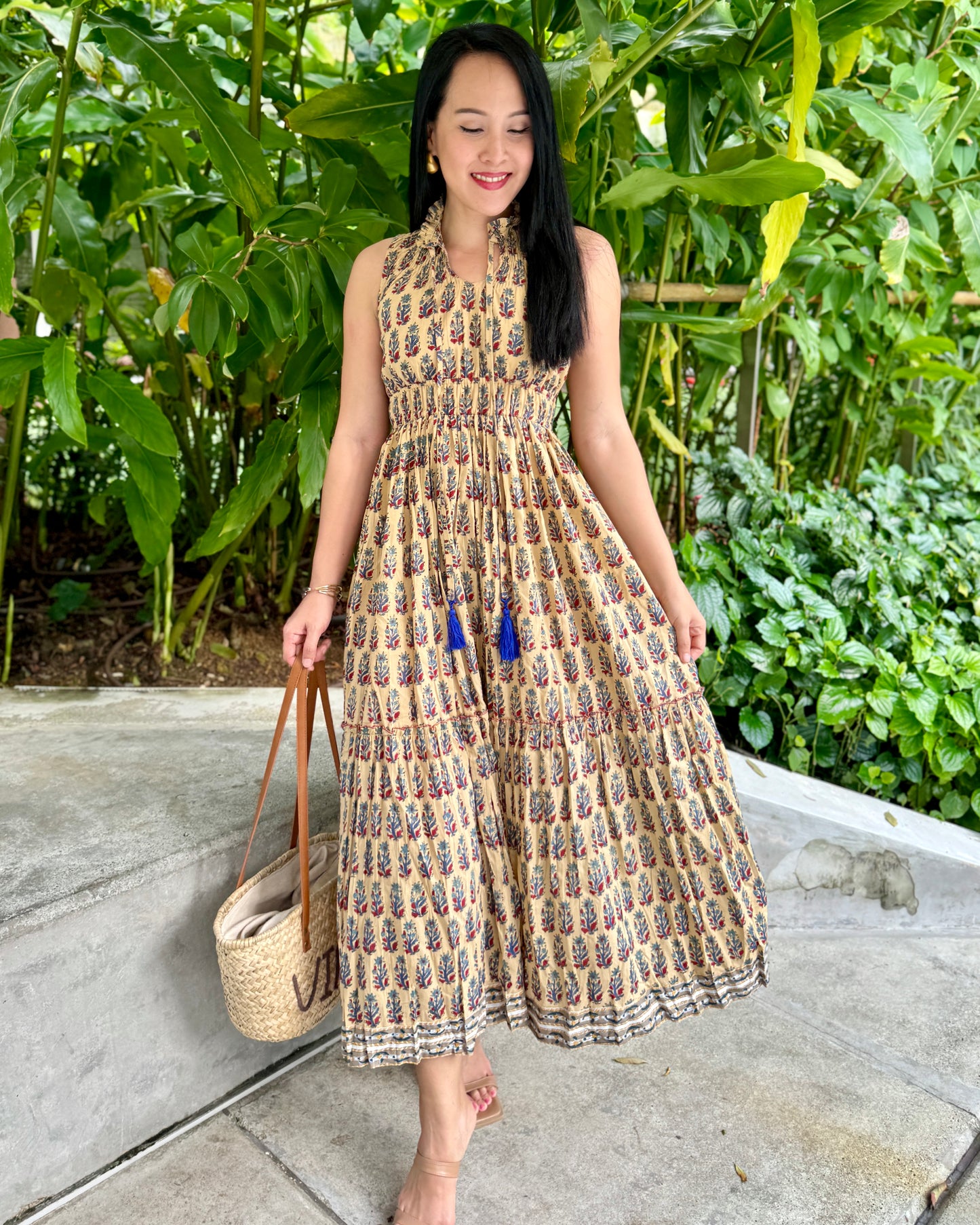 Lana Frill Collar Hand-Block Dress  - Navy Brown