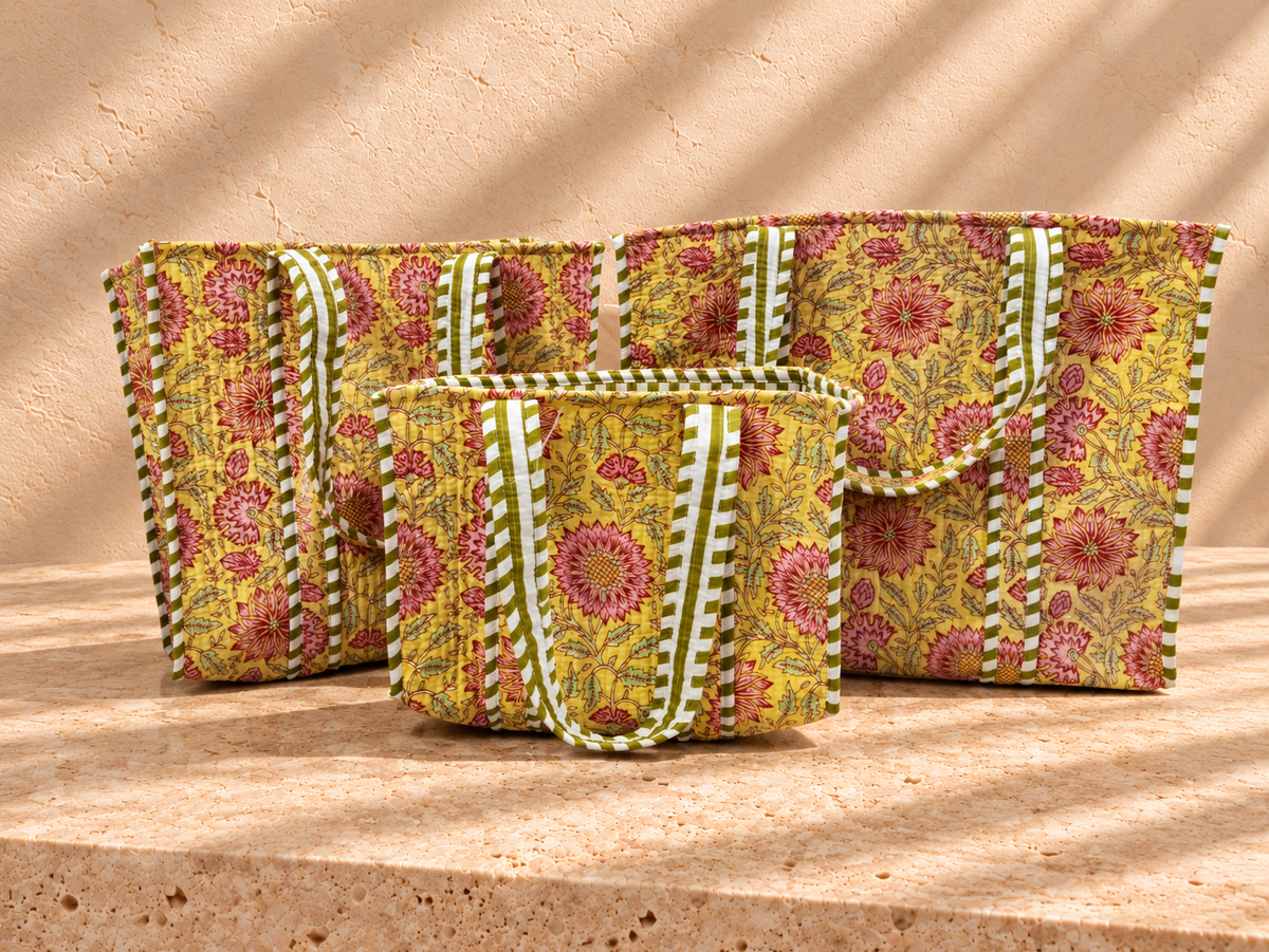 Handblock Tote Bag | Yellow Floral