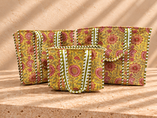 Handblock Tote Bag | Yellow Floral