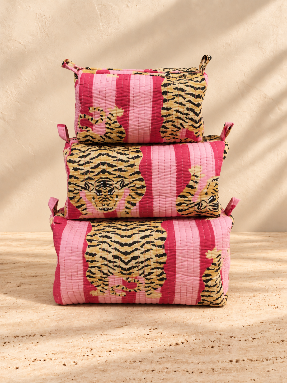 Handblock Cotton Pouch | Pink Stripe Tiger