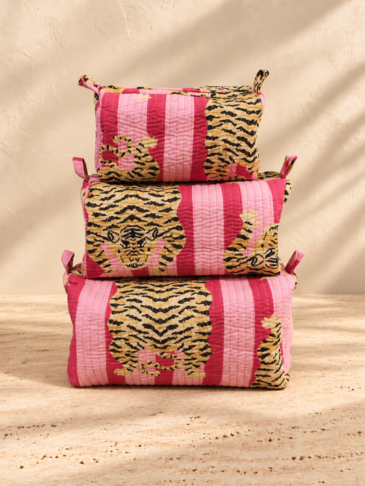 Handblock Cotton Pouch | Pink Stripe Tiger