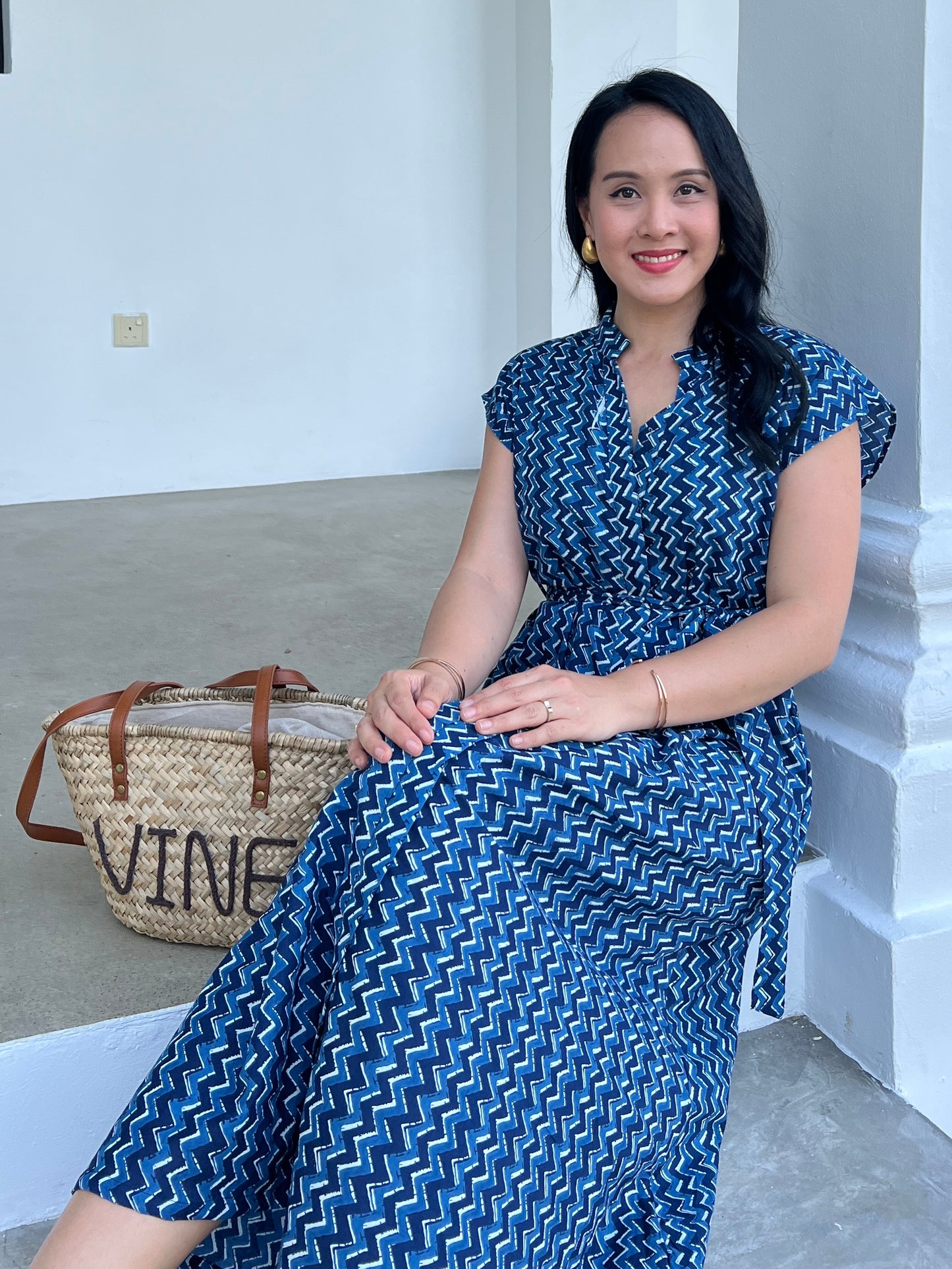 Kiara Cotton Dress - Chevron Blue