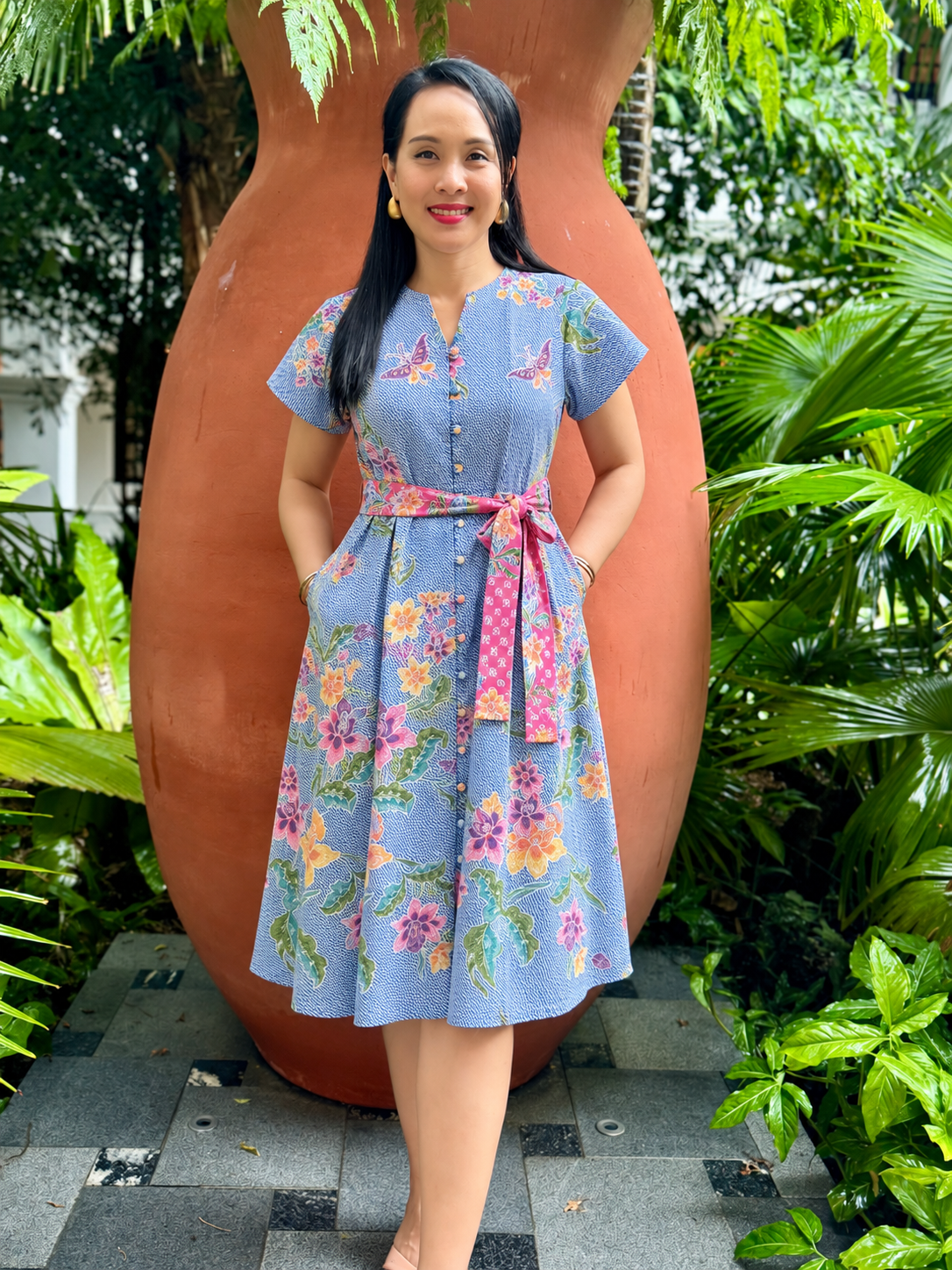 Kiki Batik Cotton Midi Dress | Pastel Blue