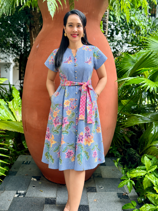 Kiki Batik Cotton Midi Dress | Pastel Blue
