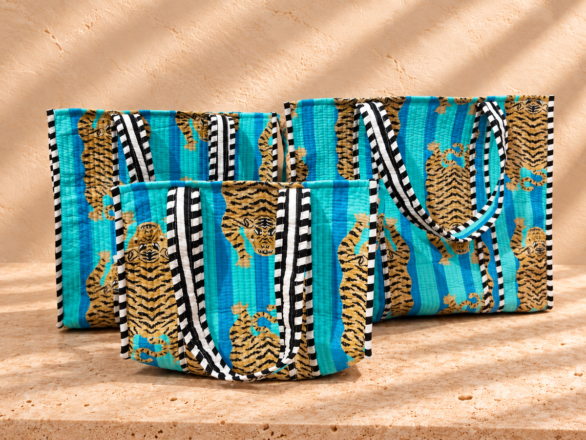 Handblock Tote Bag | Blue Tiger