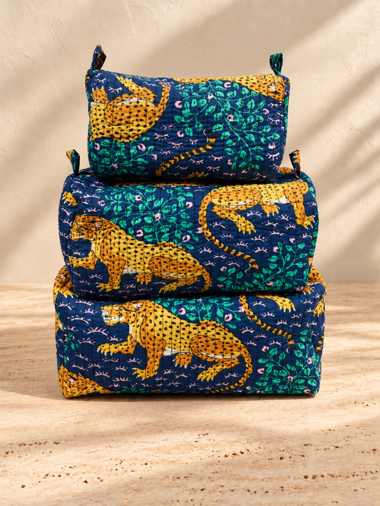 Handblock Cotton Pouch | Leopard Blue
