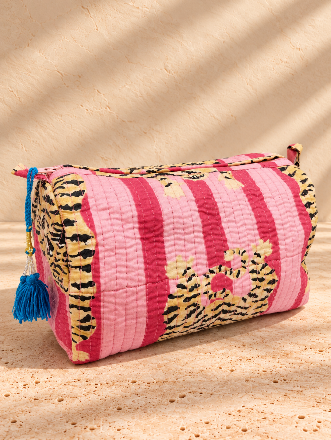 Handblock Cotton Pouch | Pink Stripe Tiger