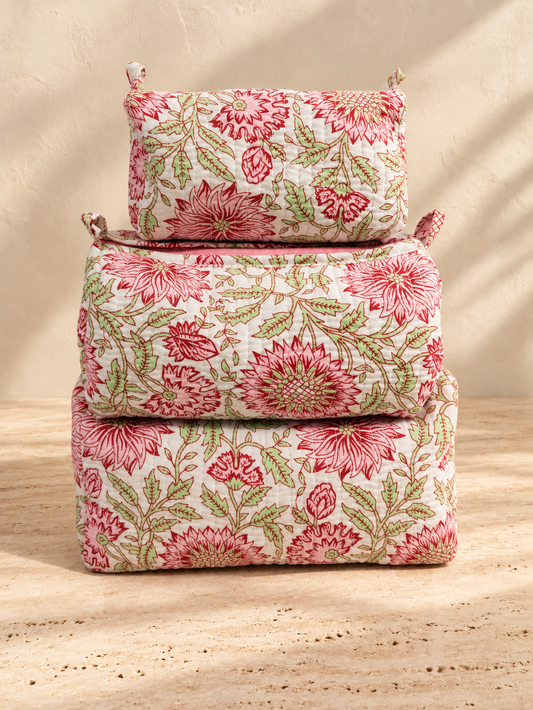 Handblock Cotton Pouch |  Pink Floral