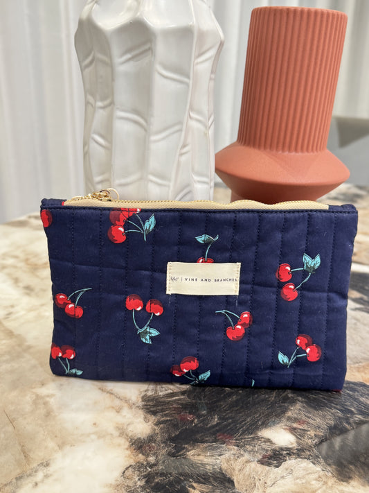 Flat Quilted Japanese Cotton Pouch - Navy Cherry